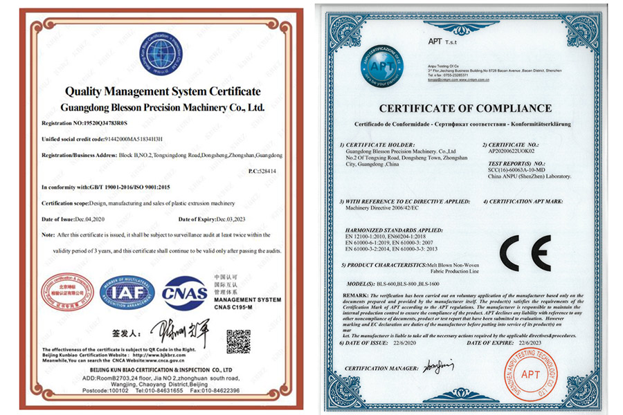 Certyfikat CE Linii Tkanin Melt-blown oraz Certyfikat Systemu Zarządzania Jakością